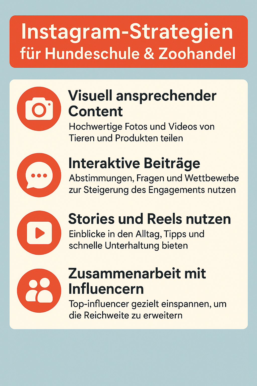 Infografik zum Thema Instagram-Strategien für Hundeschulen und Zoohandel von Luxregia, mit orangefarbenem Header und hellblauem Hintergrund, Fokus auf Content-Strategien