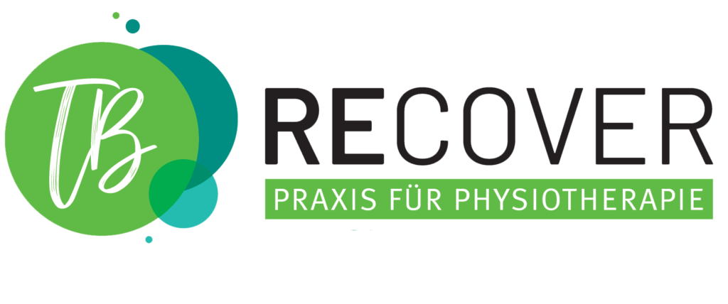 Logo der Recover Praxis für Physiotherapie: grüner Hauptkreis mit weiteren Kreisen in Blau- und Türkistönen, daneben der Schriftzug RECOVER in dunkel, darunter ein grüner Balken mit PRAXIS FÜR PHYSIOTHERAPIE