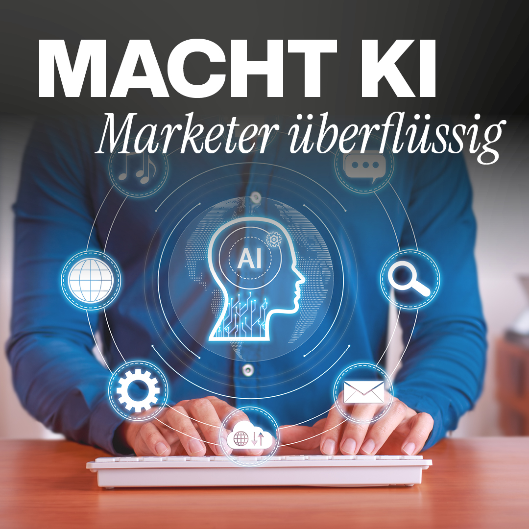 Digitales Marketingbild mit KI-Icon, ChatGPT- und Gemini-Symbole, eine Person tippt am Laptop, Hinweis auf KI-Nutzung im Arbeitsalltag und Marketing.