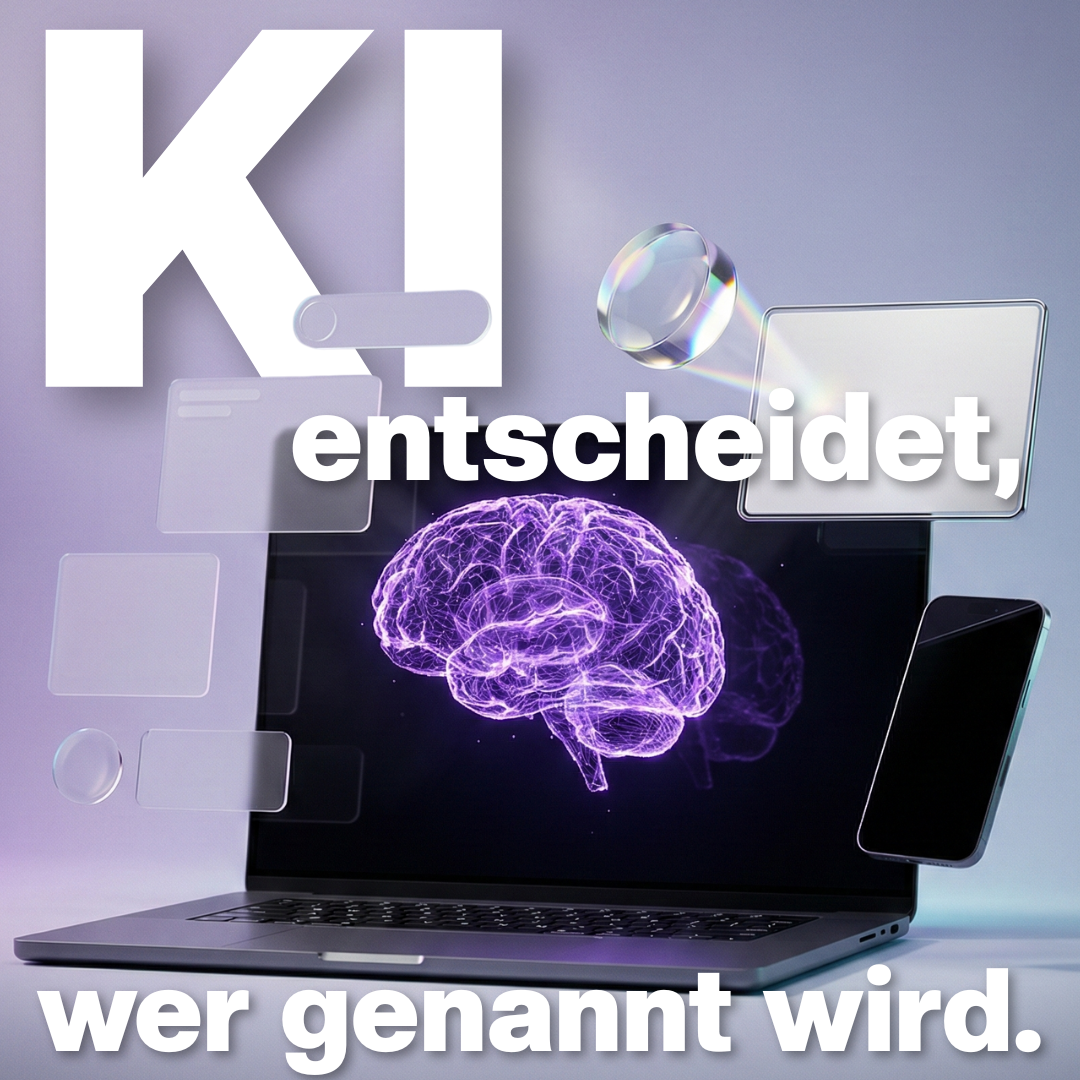 KI-basierte Darstellung auf Laptop mit leuchtendem lila Gehirn, Bezug zu ChatGPT, Gemini und Perplexity, thematisiert Generative Engine Optimization