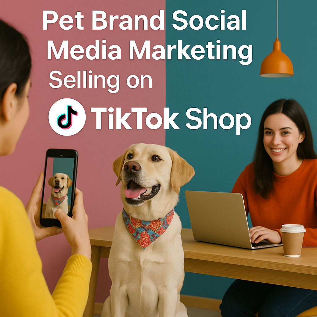 TikTok Shop-Szene mit Hund und zwei Frauen an hellem Arbeitsplatz; Bannertext verweist auf Pet Brand Social Media Marketing und Luxregia Fokus auf Heimtiermarken und TikTok Shop